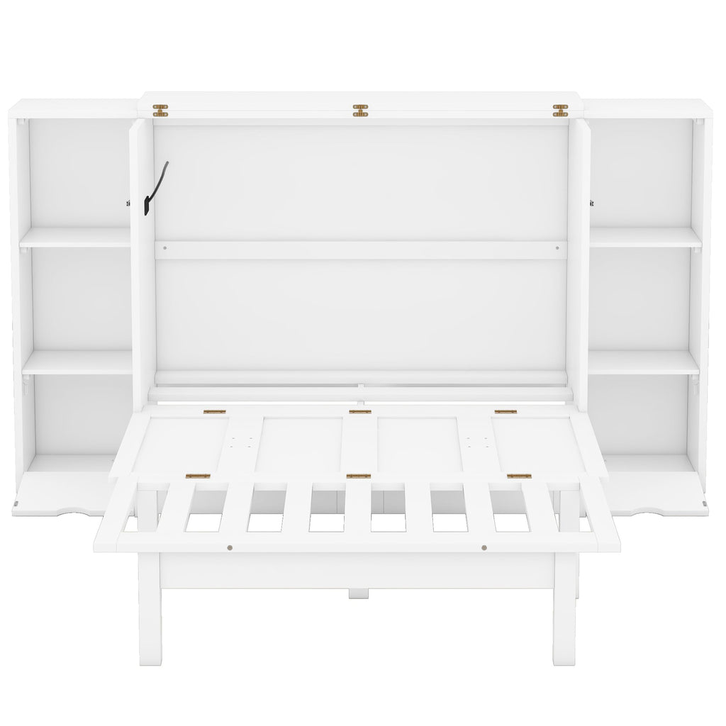 Merax Murphy Bed Queen Size Cabinet with Storage 2 Drawers 6-Layer Shelves and USB Ports, Wood Versatile Platform Bed Frame