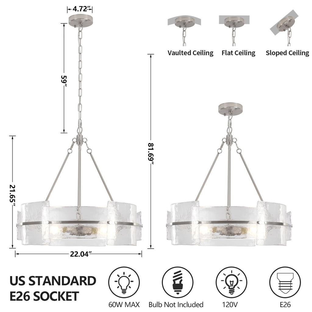 Corlaceling Modern Glass Dining Room Chandelier, 22 inch Brushed Nickel Drum Kitchen Island Light Fixture Luxury Textured Glass Water Ripple Crystal Chandeliers for Living Room Foyer Bedroom