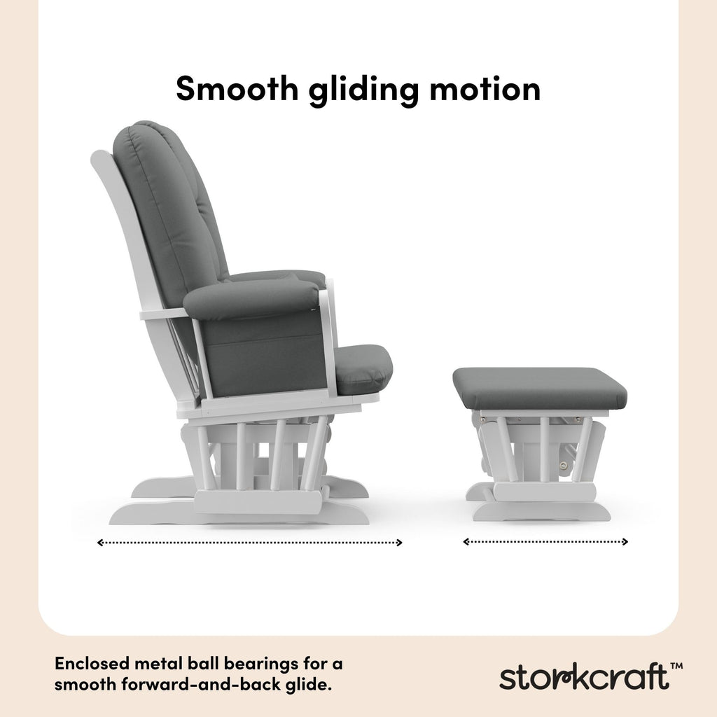 Storkcraft Tuscany Custom Glider and Ottoman with Free Lumbar Pillow (White/Grey) - Cleanable Upholstered Comfort Rocking Nursery Chair with Ottoman