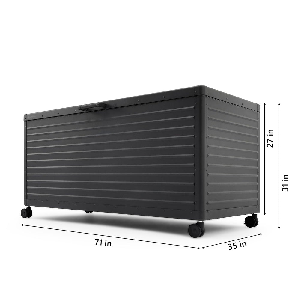 MIRADOR 281 Gallon Outdoor Storage Box with Wheels & Soft-Close Lid, Waterproof Metal Deck Box for Patio Cushions, Garden Tools & Pool Accessories, Charcoal