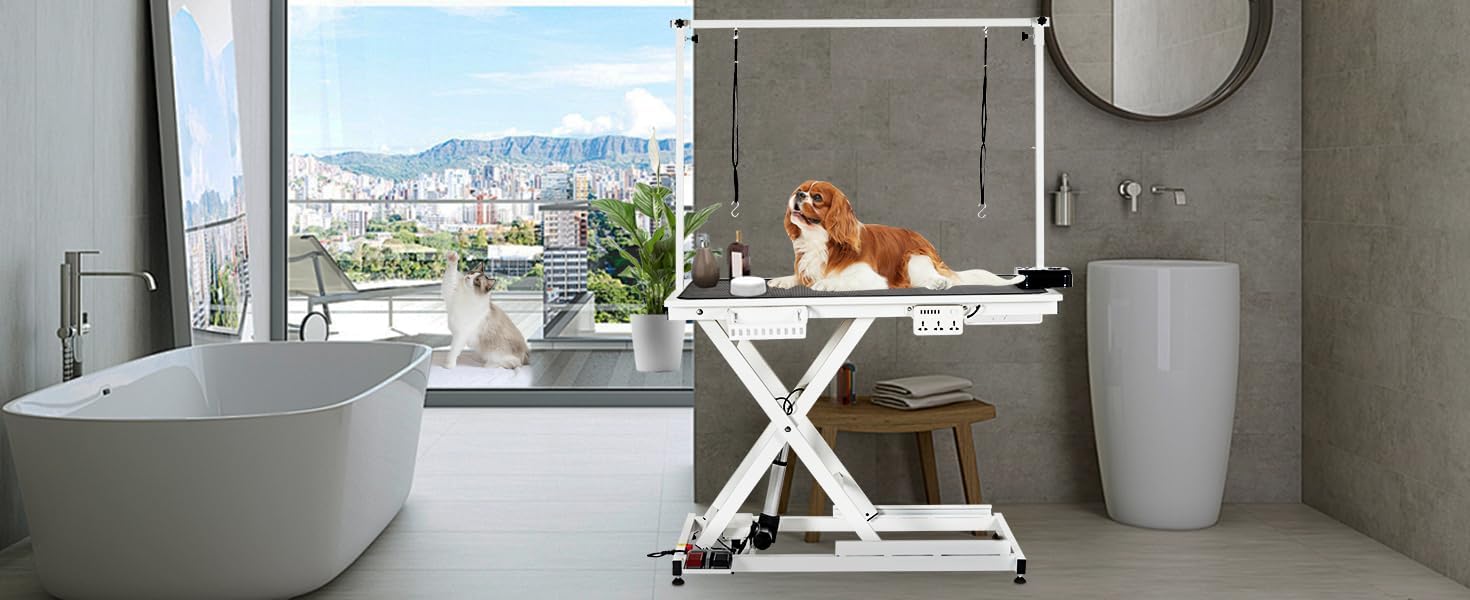 MilleLoom 50" Electric Dog Grooming Table for Home, Heavy Duty Height Adjustable Pet Wash Station with Arm, Portable Non-Slip Tabletop, Tool Organizer & USB Outlet, Supports 300lbs for All Pets