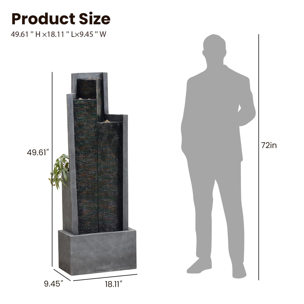 49.6" H Modern Water Outdoor Fountain,Garden Cascading Indoor Resin Water Fountains Tall Floor - Standing Fountain with LED Light for Patio, Yard, Deck and Home Decor