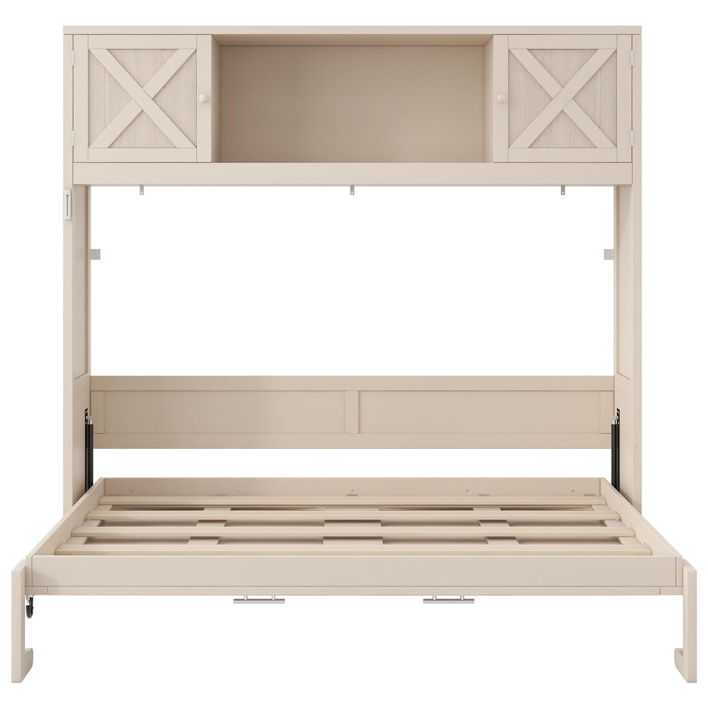 Ball & Cast Full Size Murphy Bed with Storage Cabinet,Wood Hideaway Beds,Folded Wall Bedframe for Bedroom,Guestroom,Space Saving,White