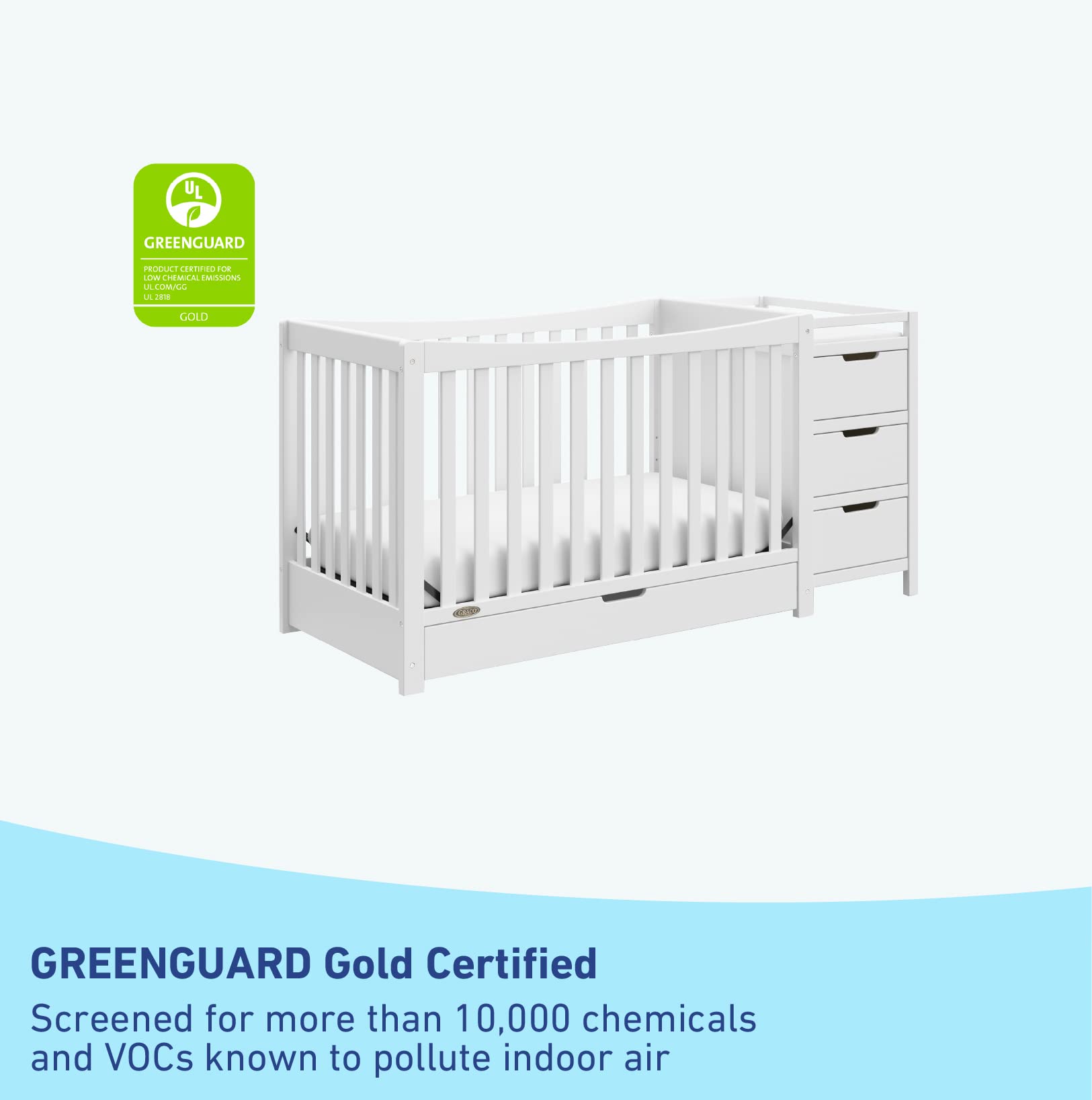 Graco Remi 4-in-1 Convertible Crib & Changer – GREENGUARD Gold Certified, Fits Standard Crib Mattress, Converts to Toddler Bed and Full Bed, 4 Adjustable Mattress Heights (White)