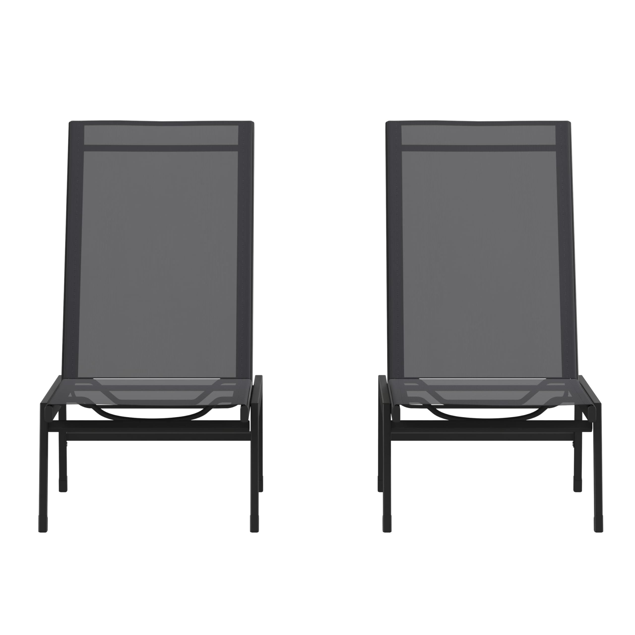 EMMA + OLIVER Braelin Adjustable Patio Chaise Lounge - Black Textilene Seat - Armless Design - 5 Recline Positions - Metal Frame - All-Weather - Set of 2
