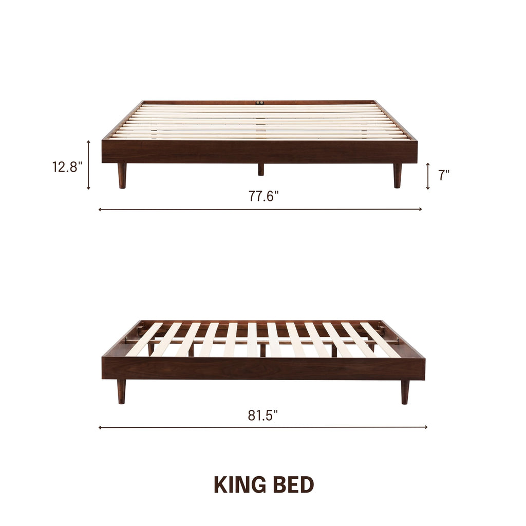 NTC Fly Wooden Bed Frame Without Headboard, Crafted from Walnut, Rubber Wood with Silent Slats and Wood Central Supports, 1000 Lb Capacity, Effortless Assembly, King - Dark Walnut