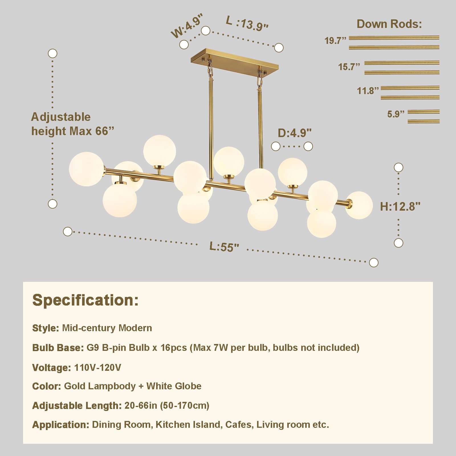 DUGHKUGH Mid Century Modern Chandelier 55in Linear Gold Pendant Lighting Fixture Linear Chandeliers for Kitchen Island, Dining Room 16-Light