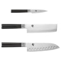 Shun Classic 3 Piece Japan Starter Set, Includes 7" Hollow Ground Santoku, 3.5" Paring & 6.5" Nakiri Knives, Handcrafted Japanese Knife Set, Damascus Stainless Steel Cladding, Pakkawood Handles