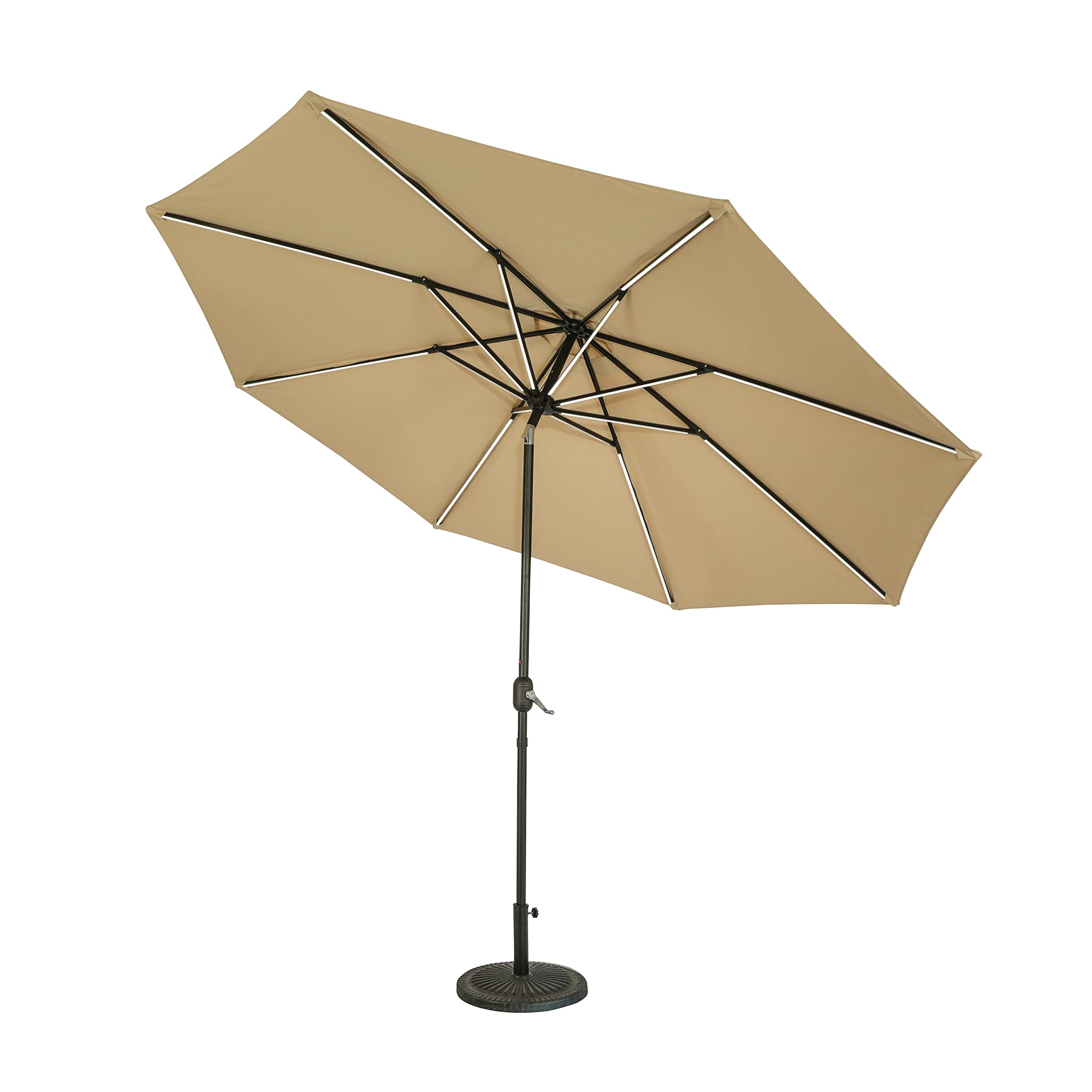 Island Umbrella Calypso 11 ft Octagon Patio Umbrella – With Crank Lift, Push-Button Tilt, Rust-Resistant Aluminum Pole, 8-Rib Frame, Solar LED Lights & Breez-Tex Weather-Resistant Canopy – Champagne