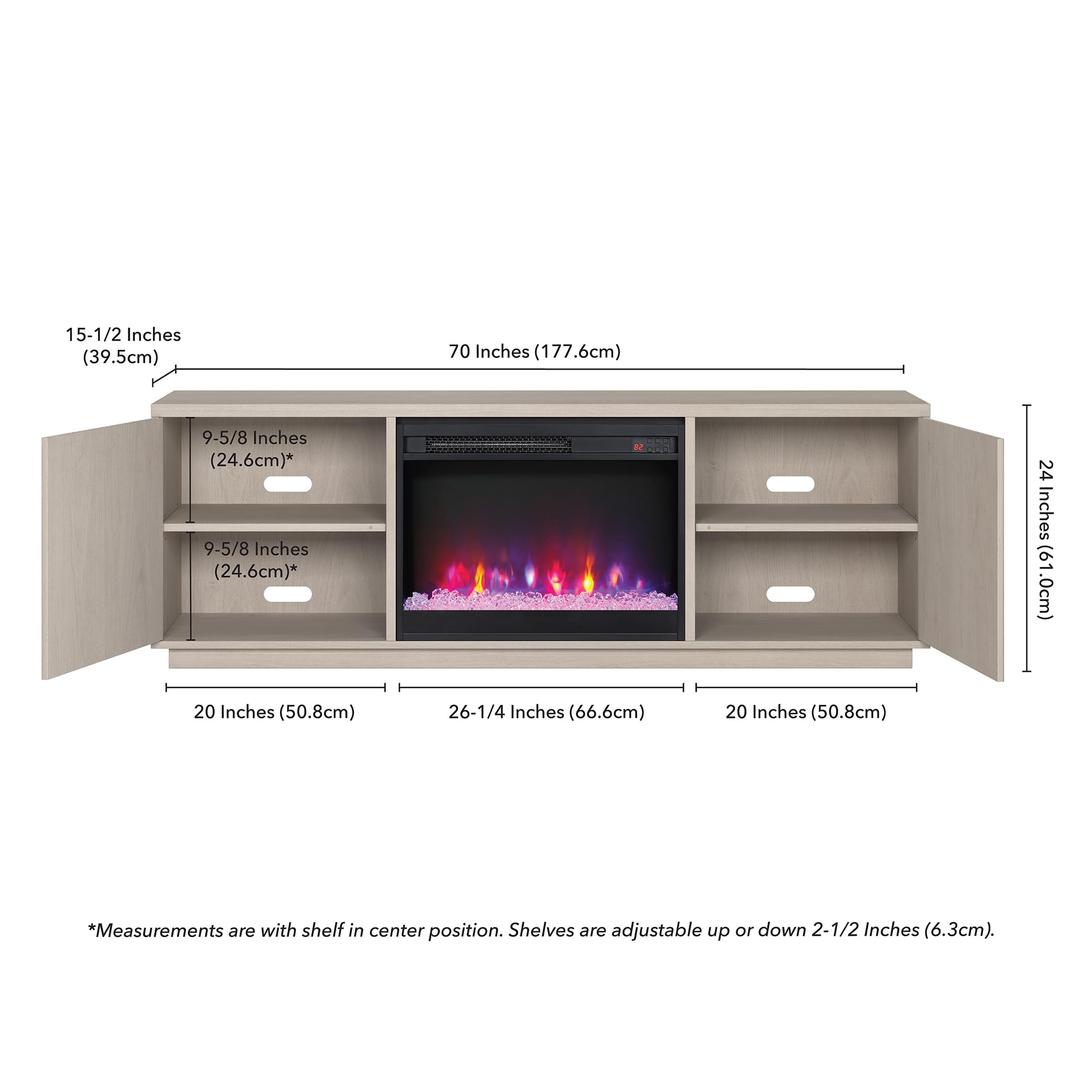 Henn&Hart Fluted TV Stand for TVs up to 75" with 26" Electric Crystal Rocks Fireplace and Ribbed Side Storage Cabinets for Living Room, Family Room, or Office, Beech White