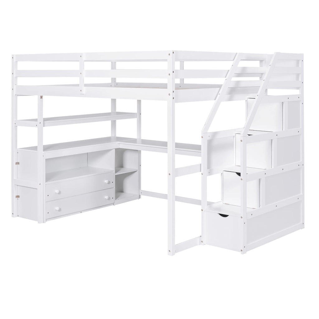Merax Stairway Loft Bed with L Shape, Shelves, Two Tier Drawers and Storage, White Platform, Full Loft w/Desk and Staircase