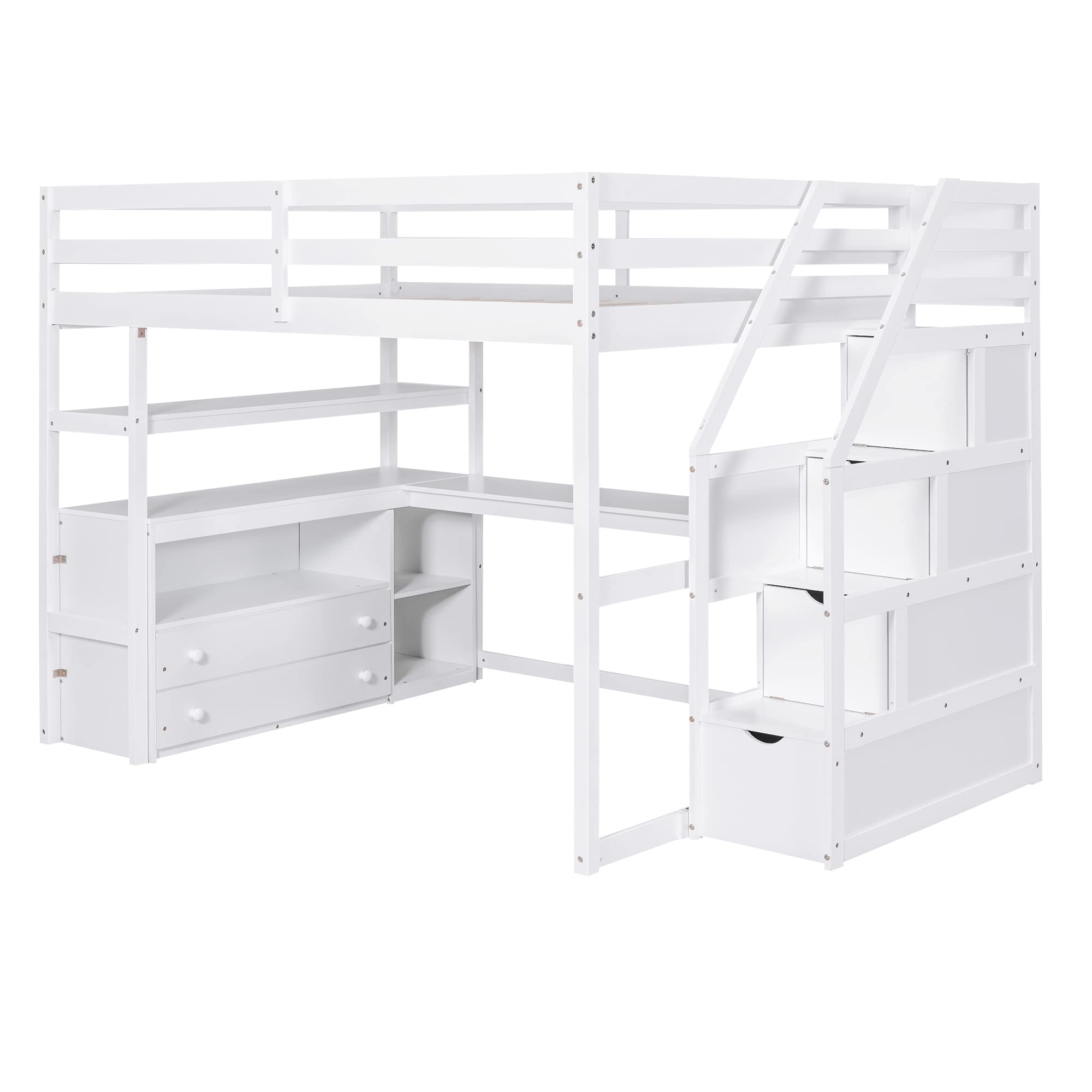 Merax Stairway Loft Bed with L Shape, Shelves, Two Tier Drawers and Storage, White Platform, Full Loft w/Desk and Staircase