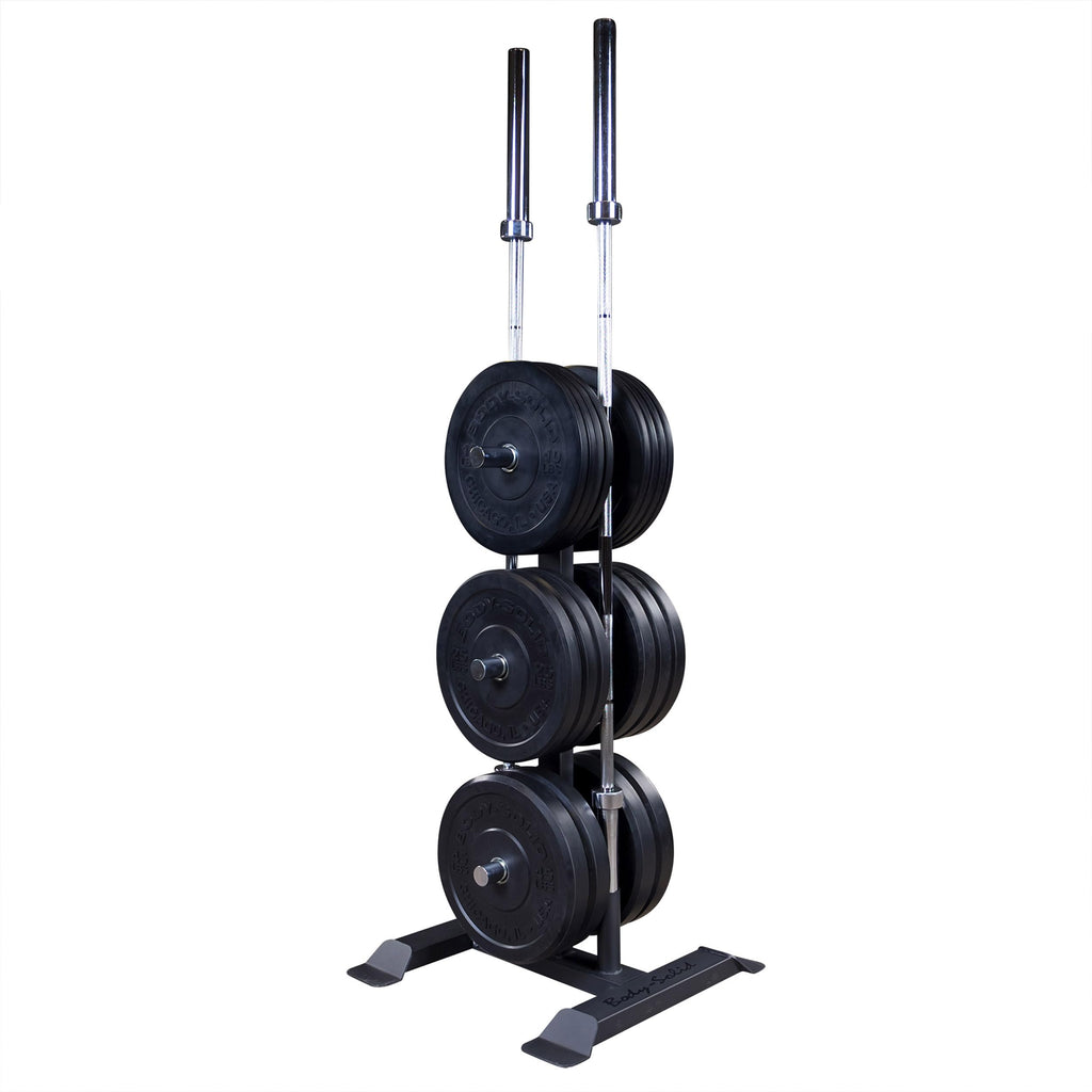 Body-Solid (GWT56) Heavy-Gauge Vertical Weight Tree Rack & Olympic Bar Holder, Commercial Bumper Plate Storage with 6 Chrome Weight Horns, Home Gym Weight Plates & Barbell Stand, 1000 lbs Capacity