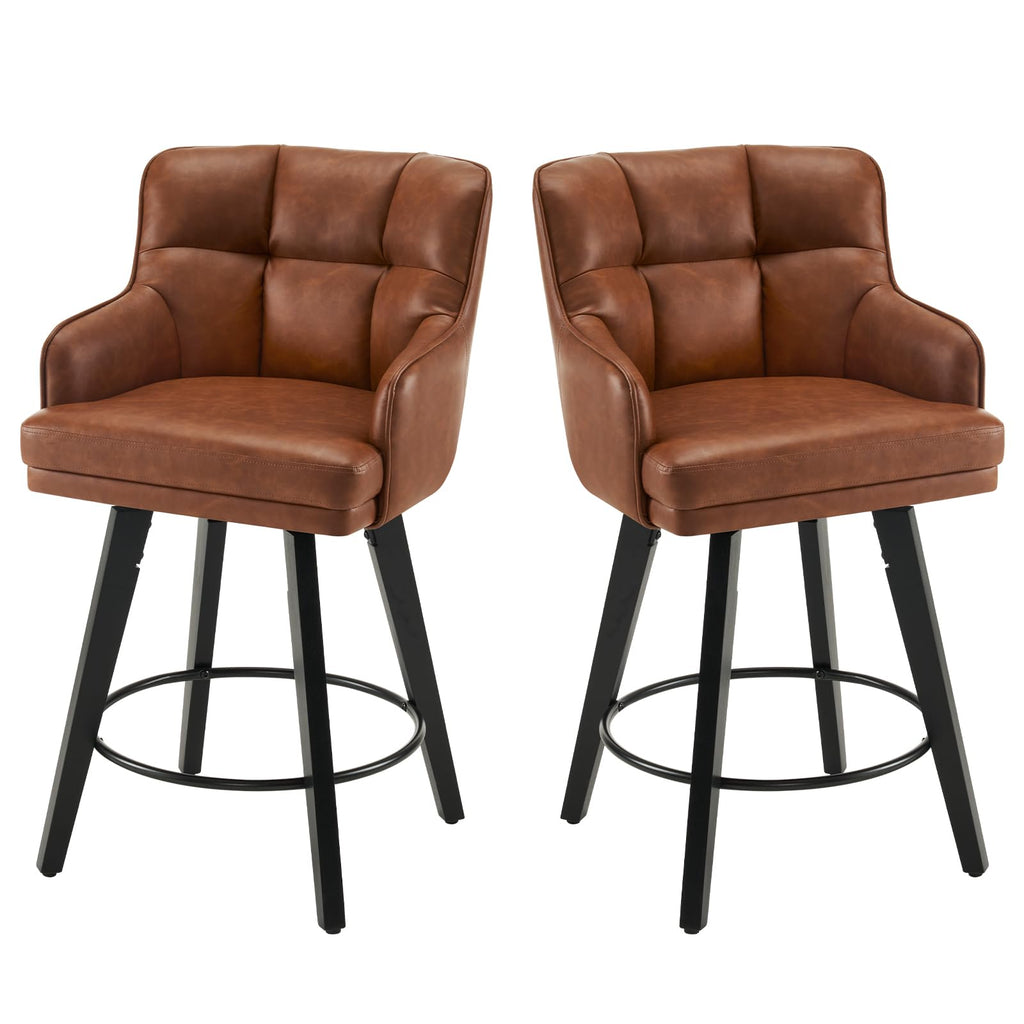 SAECKBERG 360°Swivel Counter Height Bar Stools with Back, 26 inch Solid Wood Legs, Bar Stool Modern Kitchen Island Chairs, Faux Leather (Brown- Faux Leather, 26" H- Set of 2)
