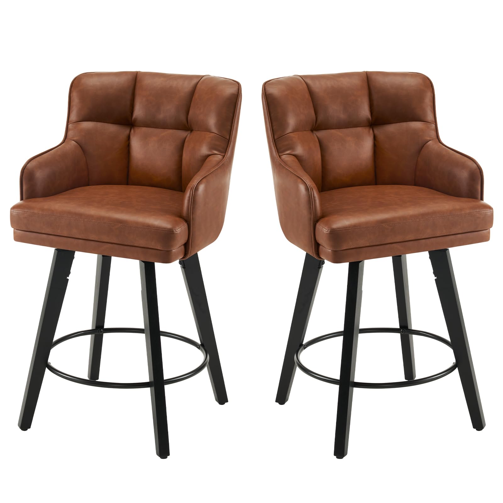 SAECKBERG 360°Swivel Counter Height Bar Stools with Back, 26 inch Solid Wood Legs, Bar Stool Modern Kitchen Island Chairs, Faux Leather (Brown- Faux Leather, 26" H- Set of 2)