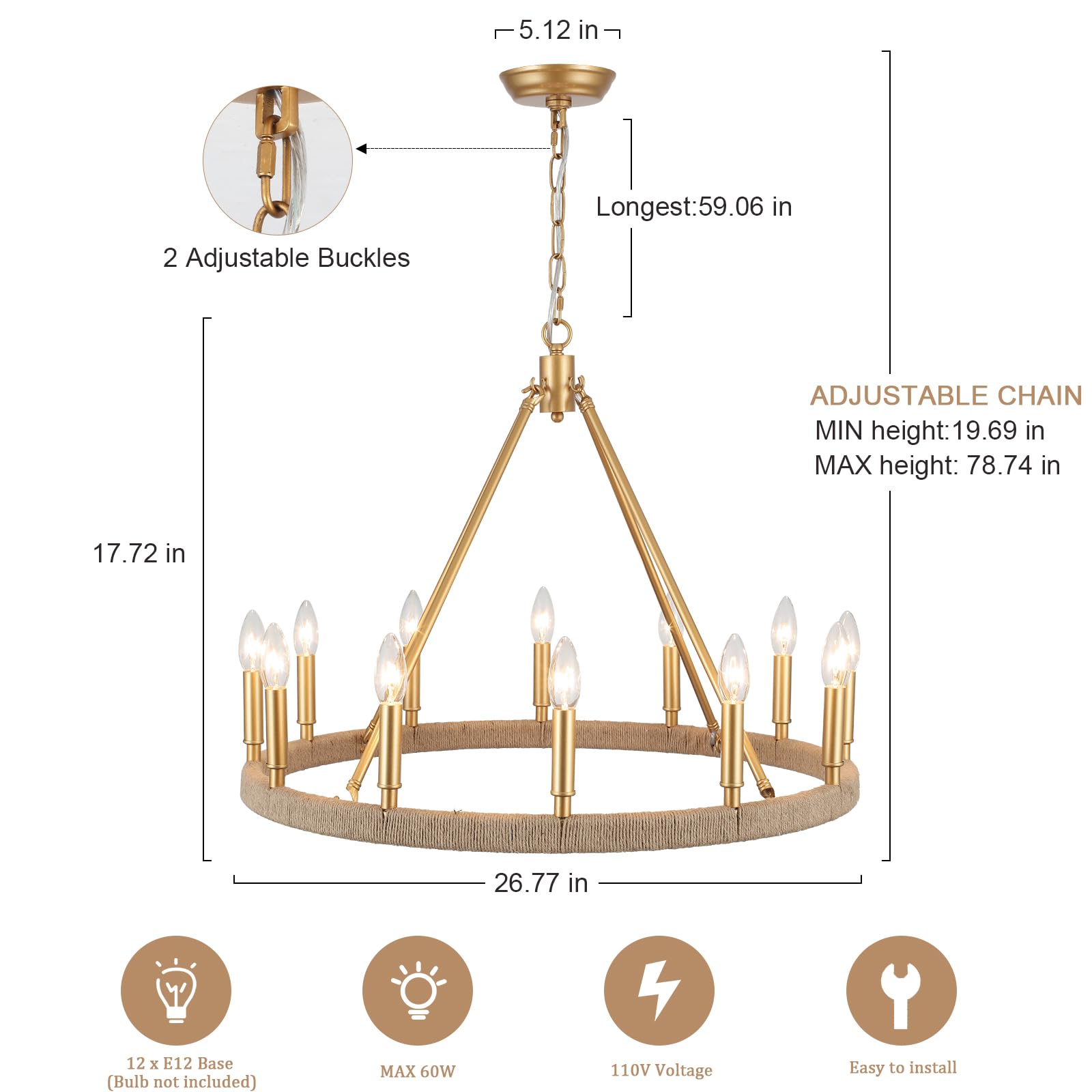 ASHUAQI 26" Gold Wagon Wheel Chandelier, 12-Light Farmhouse Chandelier for Dining Room, Gold Pendant Light Fixture for High Ceiling Living Room Foyer Entryway
