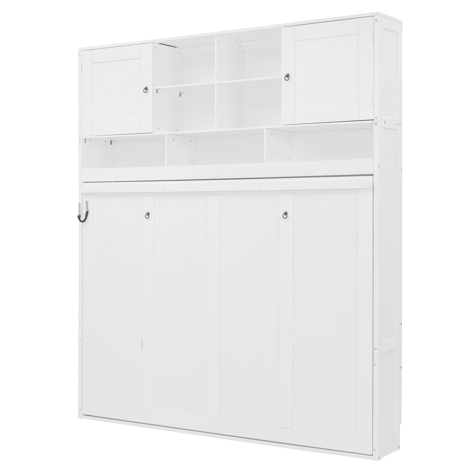 Merax Queen Size Murphy Bed Wall Bed with Top Storage Cabinets and Shelves, Fold into The Wall, Space-Saving Design, White Foldable Platform Bed Frame with Chevron Stripes, for Bedroom, Guest Room