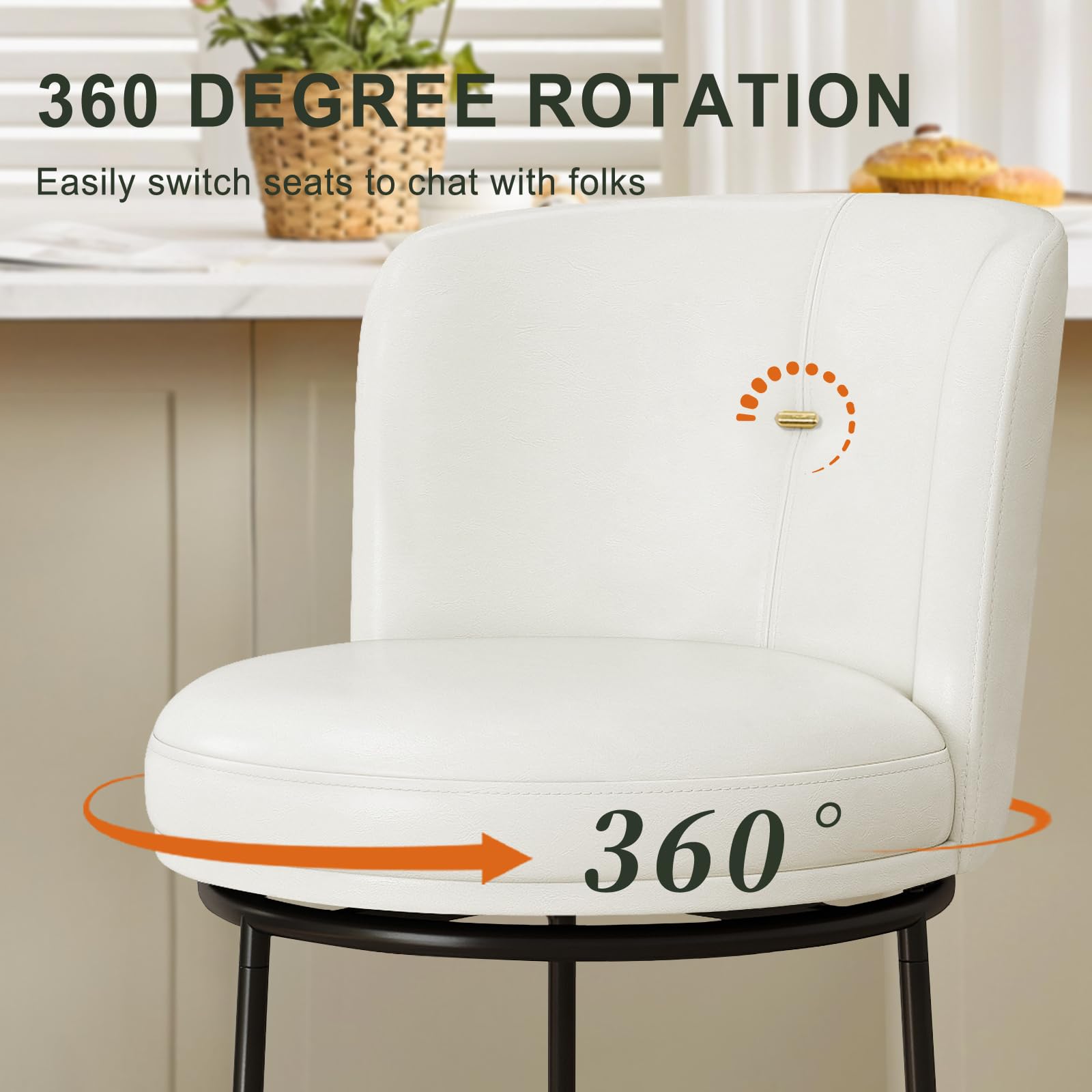 SAECKBERG Swivel Counter Height Bar Stools Set of 4, 26" H Modern Bar Stools for Kitchen Island Counter, Upholstered Barstools with Backs, Counter Height Chairs （White, Faux Leather）