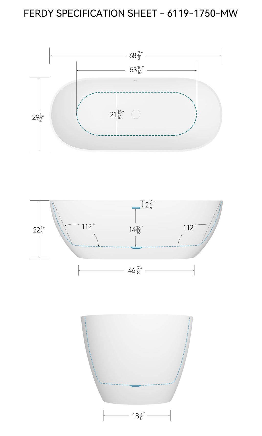 FerdY Fiji 69" Stone Resin Freestanding Bathtub, Classic Oval Shape Soaking Bathtub, Solid Surface Soaking Tub, cUPC Certified, Integrated Slotted Overflow and Matte White Pop-up Drain