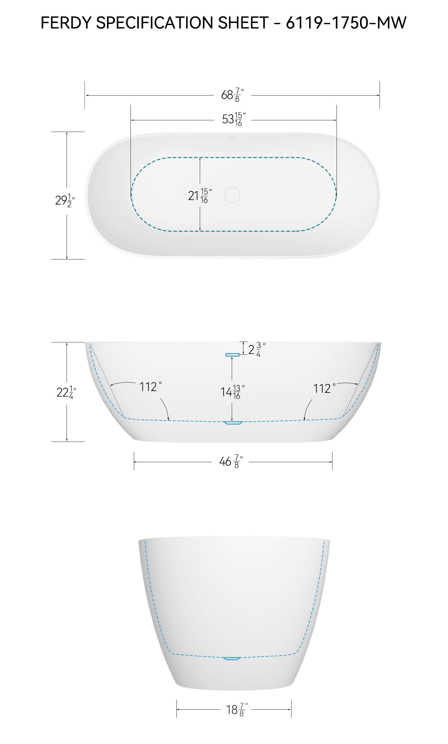 FerdY Fiji 69" Stone Resin Freestanding Bathtub, Classic Oval Shape Soaking Bathtub, Solid Surface Soaking Tub, cUPC Certified, Integrated Slotted Overflow and Matte White Pop-up Drain