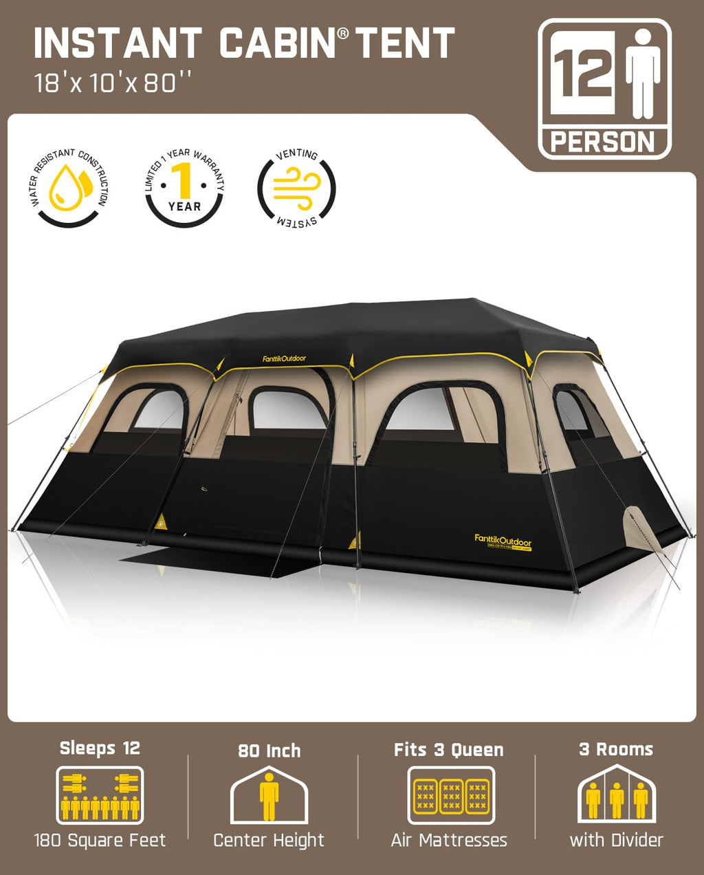 FanttikOutdoor Zeta C12 Pro Max Instant Cabin Tent 12 Person Camping Tent Setup in 90 Seconds with Rainfly & Windproof Portable with Carry Bag for Family Camping & Hiking, Upgraded Ventilation, Khaki