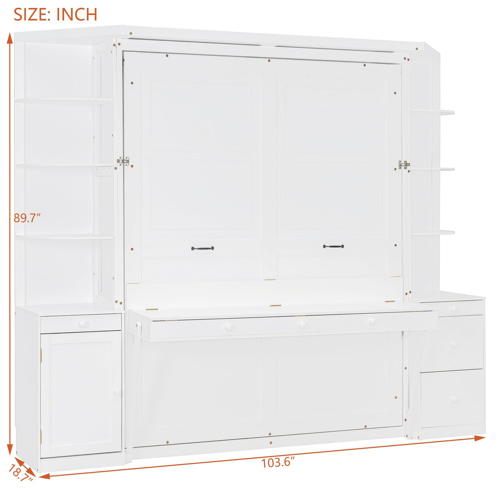 Merax Queen Murphy Bed with Desk and Storage, Hidden Wall Bed with Foldout Workstation, Shelves and Cabinets for Space-Saving Home Office, White