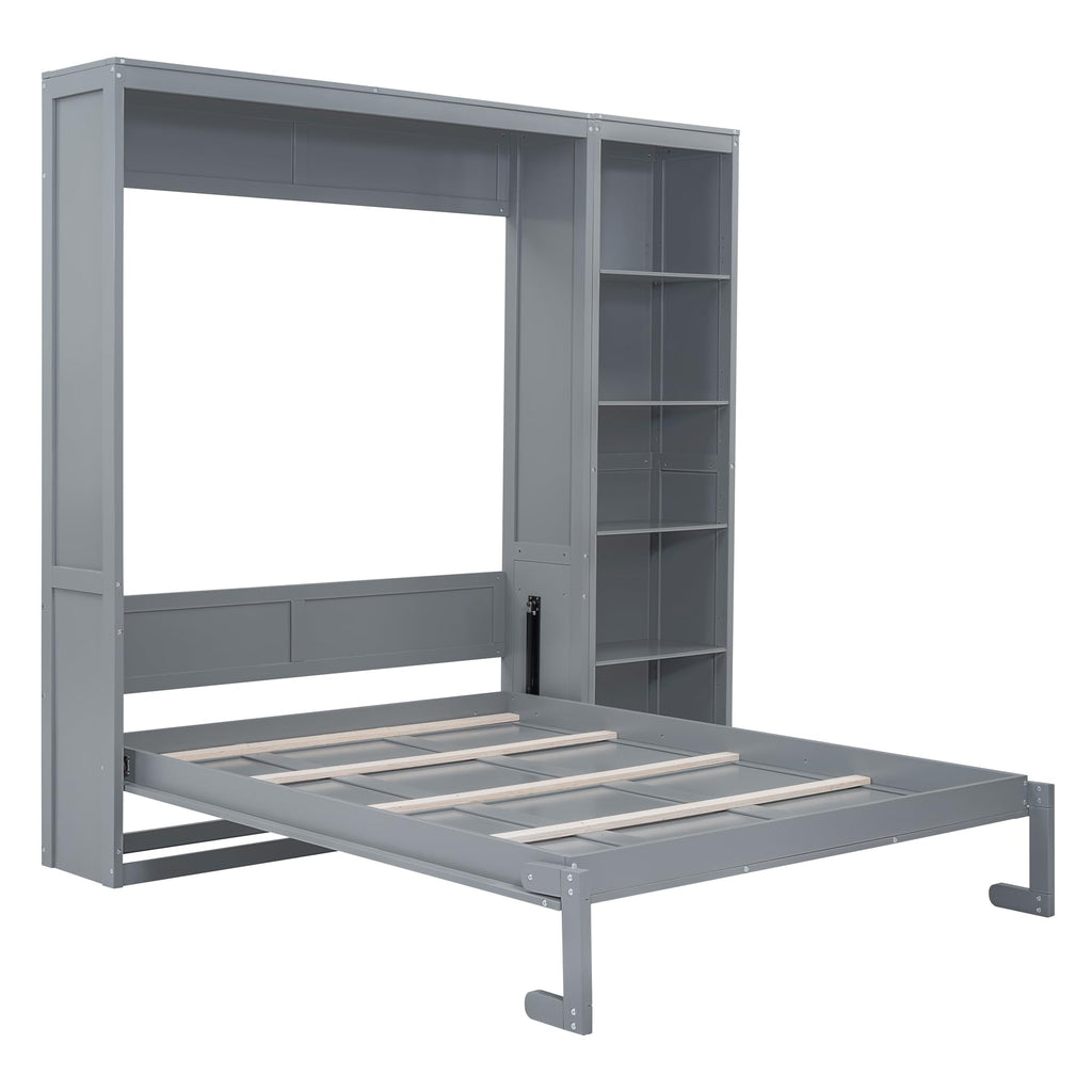 Merax Space-Saving Gray Murphy Bed Queen Size with Adjustable Storage Shelves, Multifunctional Foldable Wall Bed for Small Spaces Studio Study Office Guest Room