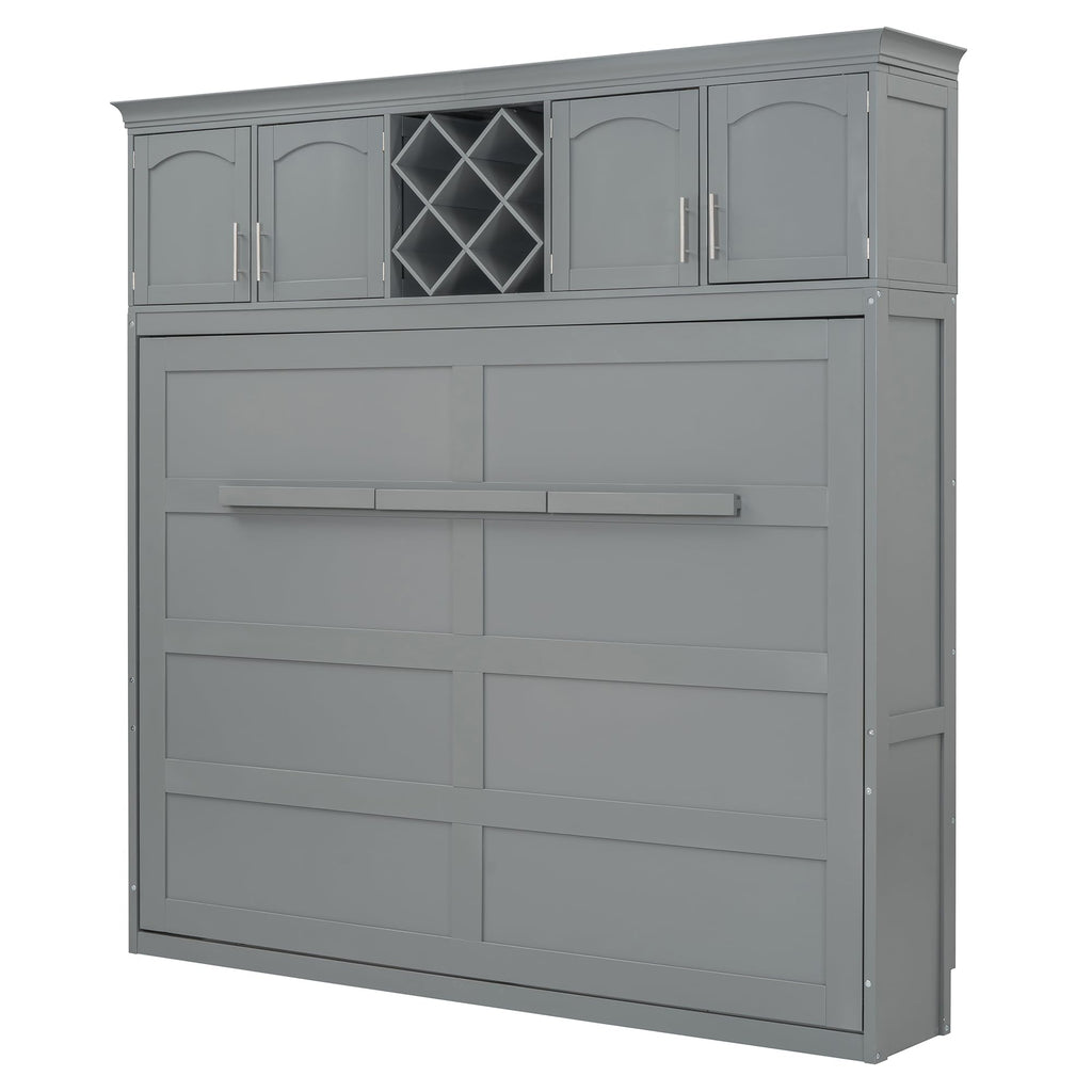 Merax Queen Size Murphy Bed, Foldable Wall Bed with Storage Cabinet, Dual Piston Metal Mechanism & Wooden Slats, No Box Spring Needed, Space-Saving for Small Apartment, Studio, Guest Room, Gray