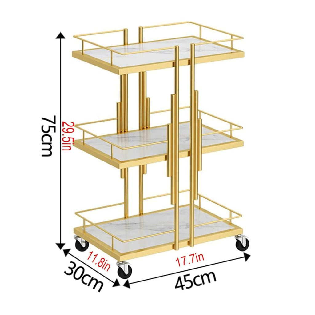 POCHY Bar Carts 3-Tier Utility Carts Metal Frame Serving Cart Imitation Marble Rolling Cart with Wheels Drink Cart Storage Cart