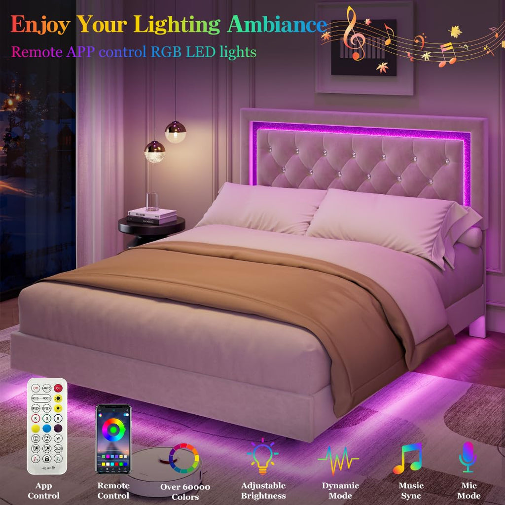 Garvee Floating Bed Frame Queen Size with Smart Led Lights, Upholstered Platform Bed with Diamond Headboard, Solid Wood Slats Support, No Box Spring Needed, Noise-Free, Easy Assembly, White