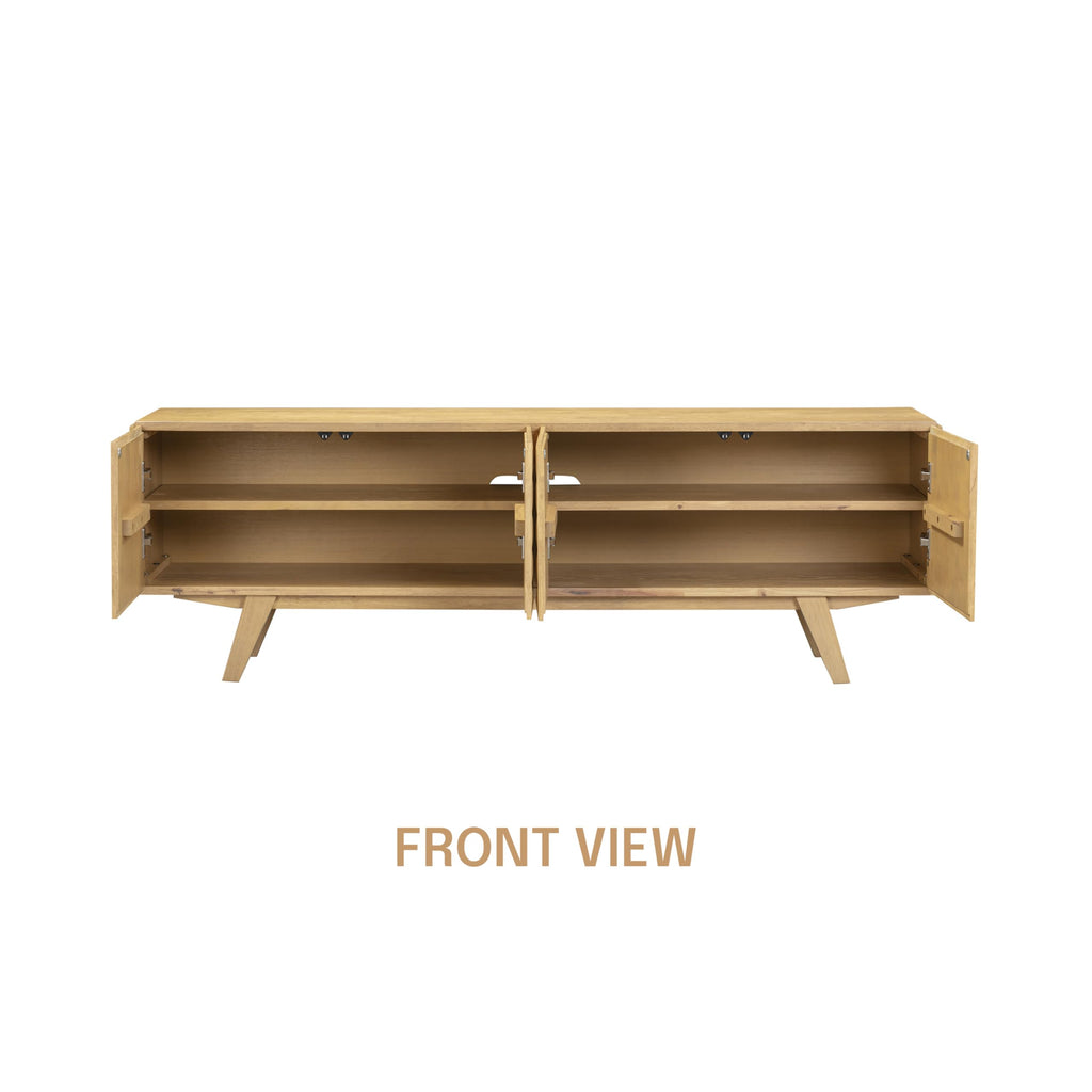 NTC Sapa Mid-Century Modern Solid Wood TV Stand 4-Door Media Console with Carved Geometric Fronts for TVs up to 75", Effortless Assembly, Sand