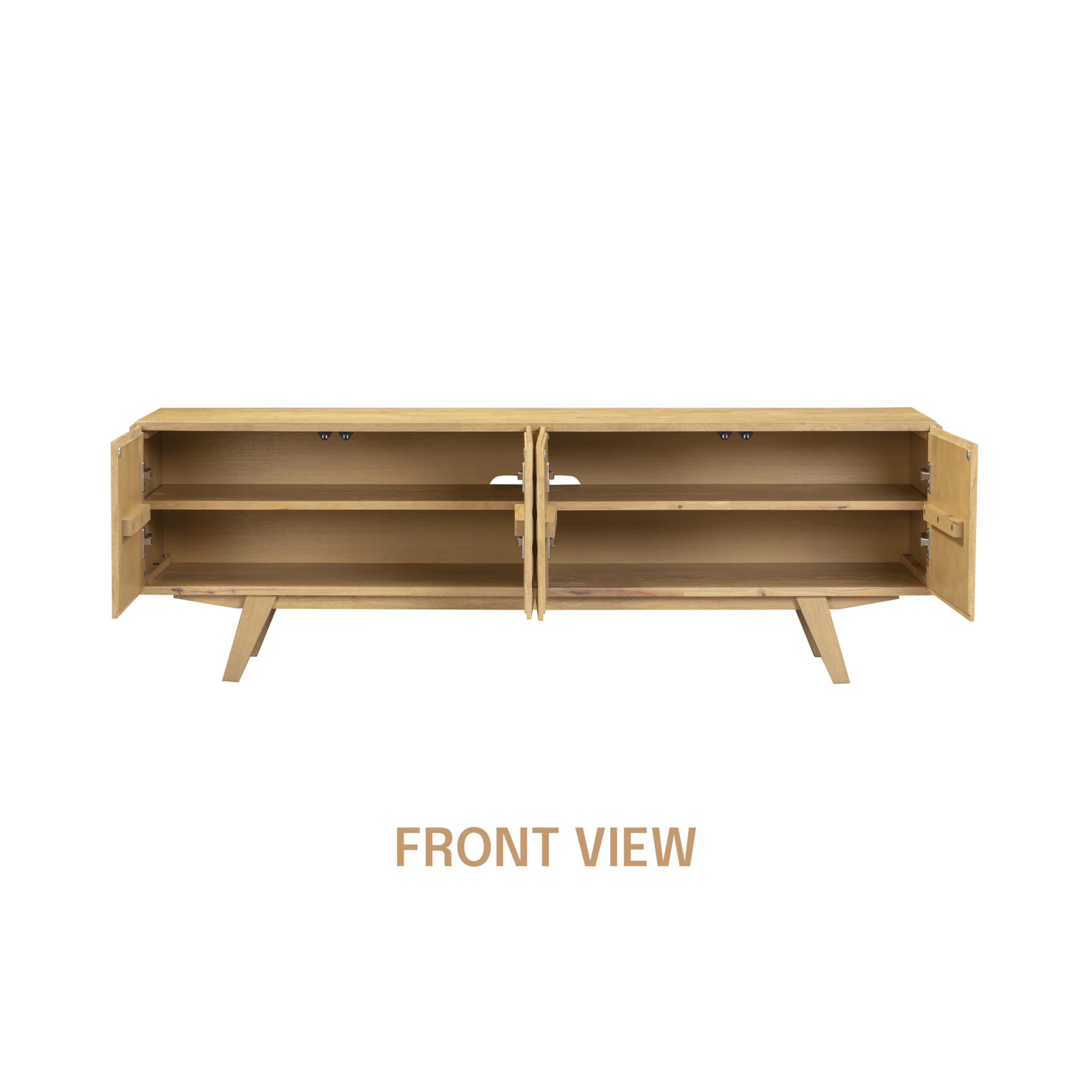 NTC Sapa Mid-Century Modern Solid Wood TV Stand 4-Door Media Console with Carved Geometric Fronts for TVs up to 75", Effortless Assembly, Sand