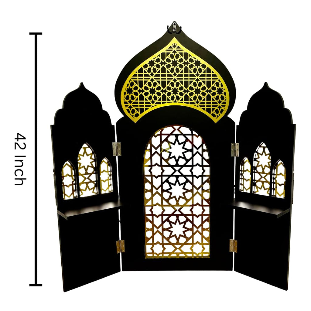 3 Panel Room Divider Folding Privacy Freestanding Partition Portable Wall for Prayer Room Privacy Screen Islamic Theme Room Divider Wood 3ft Ramadan Decorations 39.5"x38.5" (Black Gates)