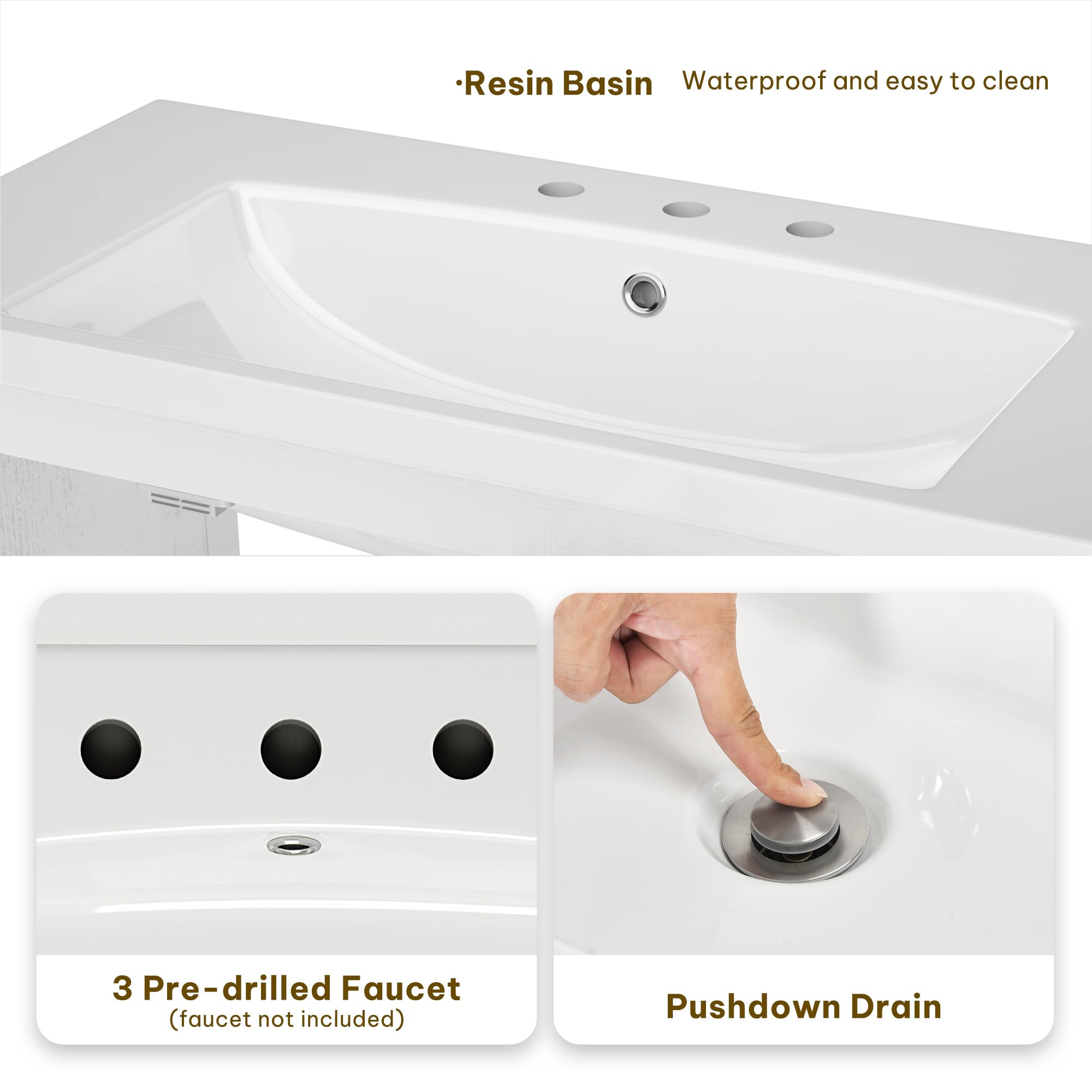 DWVO 36 Inch Bathroom Vanity with Sink, Modern Bathroom Storage Cabinet with Resin Basin, Three Holes, 2 Doors & 3 Drawers