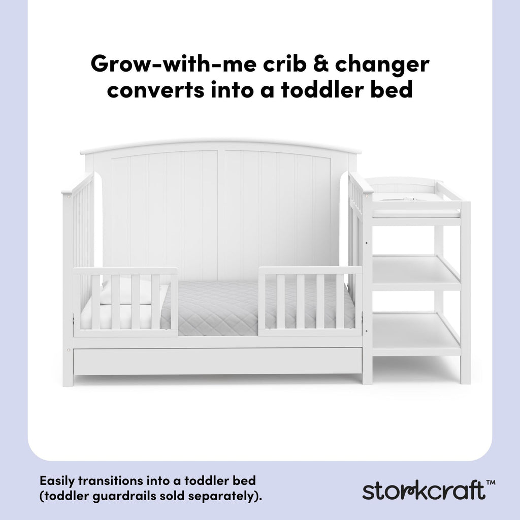 Storkcraft Steveston 5-in-1 Convertible Crib & Changer – GREENGUARD Gold Certified, Fits Standard Crib Mattress, Converts to Toddler Bed and Full Bed, 4 Adjustable Mattress Heights (White)
