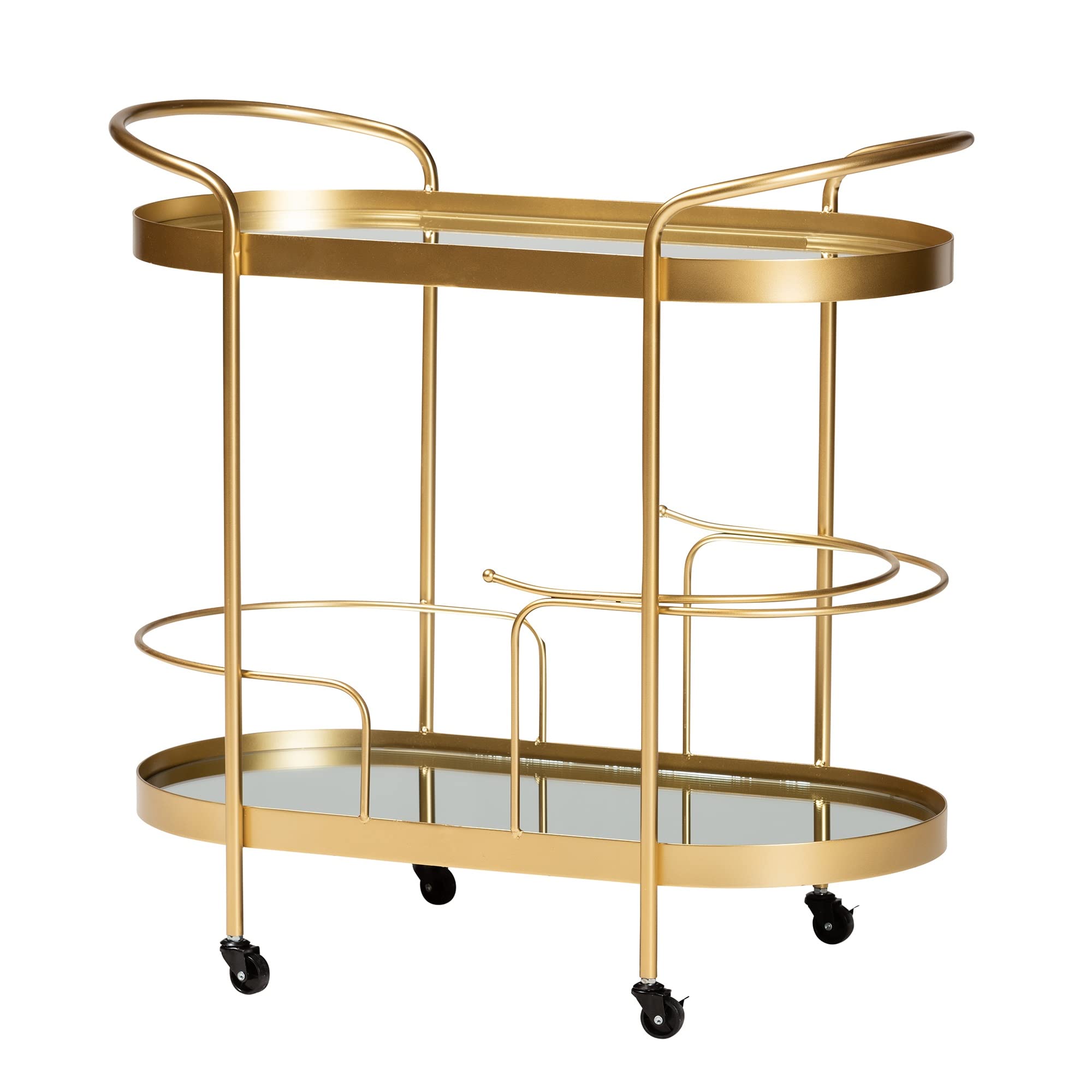 Baxton Studio Kamal Gold Finished Metal and Glass 2-Tier Mobile Wine Bar Cart