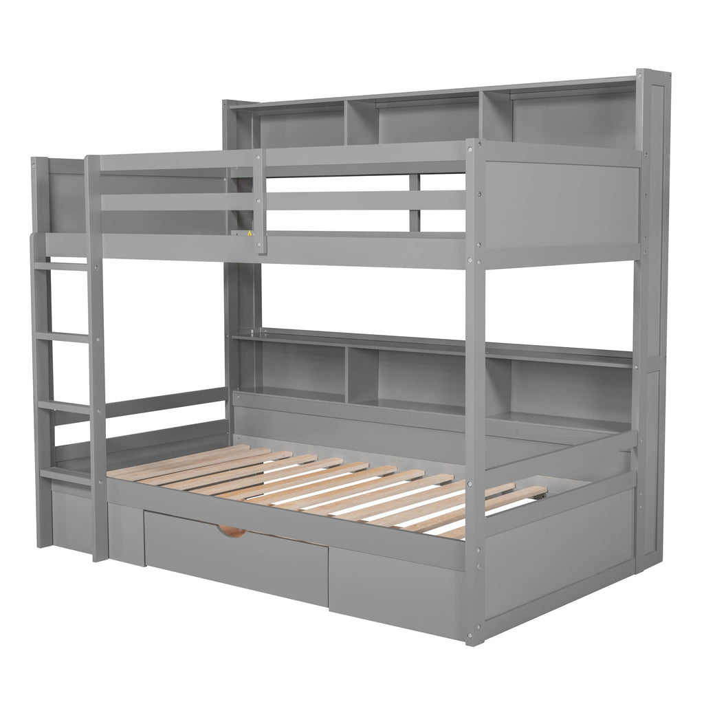 Ball & Cast Twin Over Twin Bunk Bed with Built-in Shelves Beside Both Upper and Down Bed & Storage Drawer, Twin Size Wooden Bunk Bed with Guardrails and Ladder for Kids,Teens,Adult,Gray