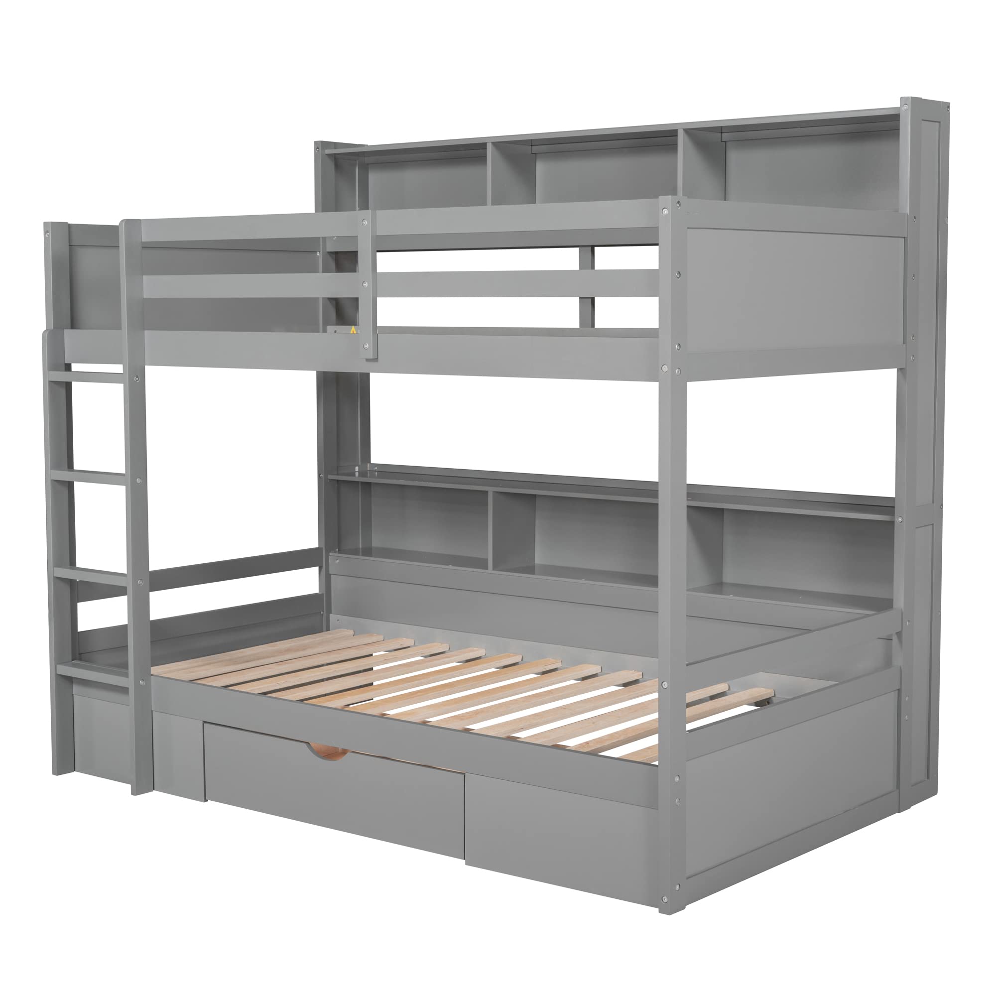 Ball & Cast Twin Over Twin Bunk Bed with Built-in Shelves Beside Both Upper and Down Bed & Storage Drawer, Twin Size Wooden Bunk Bed with Guardrails and Ladder for Kids,Teens,Adult,Gray