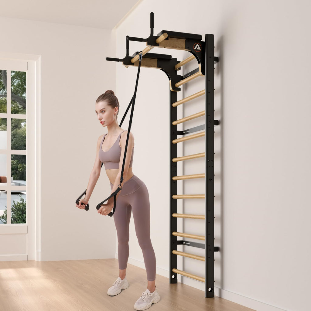 Swedish Ladder Pro, Wood Stall Bar with Push-Through Bar, Adjustable Pull-Up Dip Bar for Adults and Kids, Accessories Bundle, Spring, for Home, School, Physical Therapy and Gymnastics (40"x90“x26")