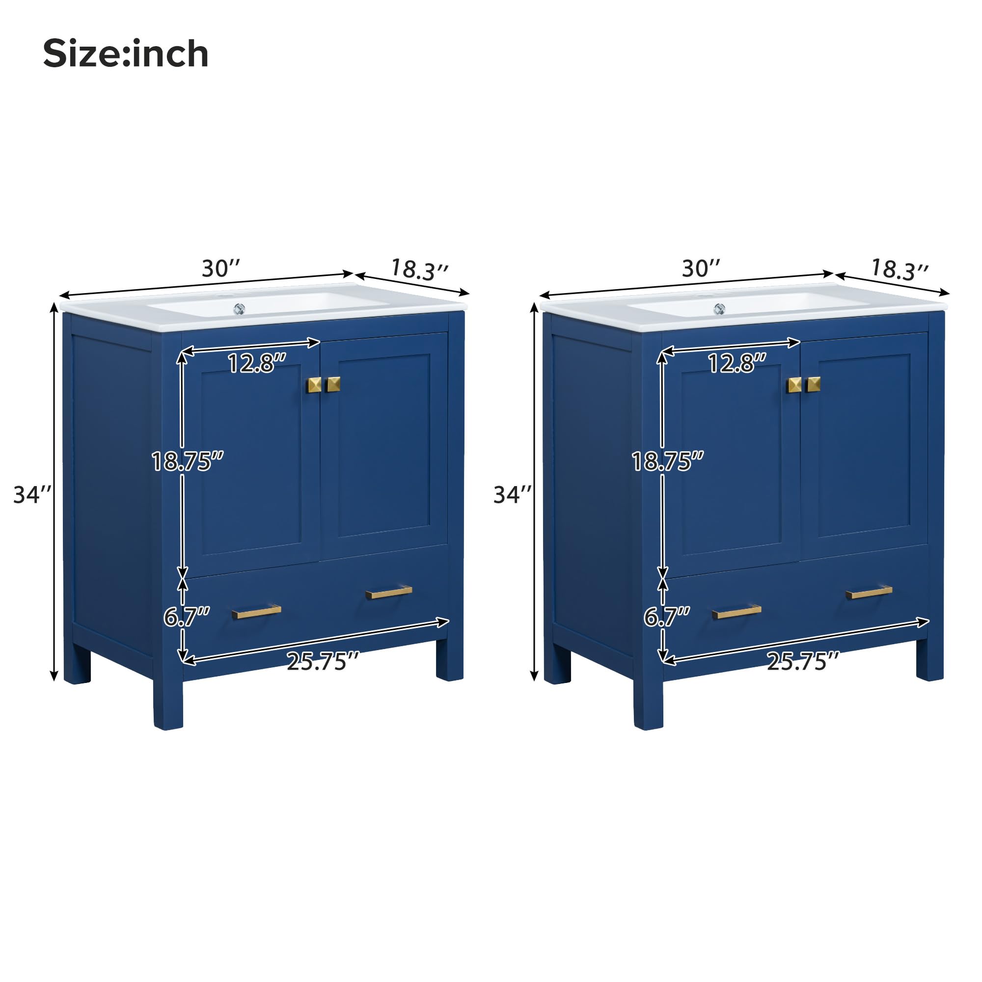 Favfurish 60" Double Bathroom Vanity with Ceramic Sink,Freestading Bathroom Storage Cabinet w/Shelf and Divided Drawers,Soft Close Doors,Separate 2 Bath Vanities Set,Mirror Not Included,Blue