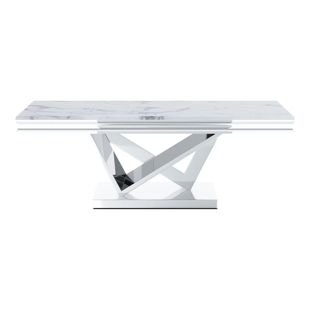 Furniture of America Namai 25mm Faux Marble Top Rectangle Coffee Table with Metal Construction and V-Style Pedestal, Home Décor for Living Room, Lounge Area, Office, Chrome