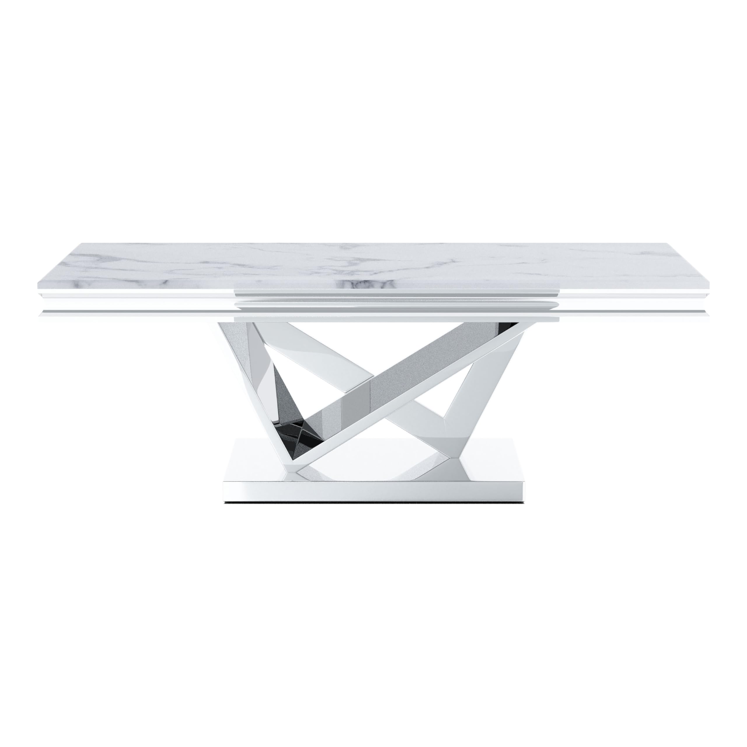 Furniture of America Namai 25mm Faux Marble Top Rectangle Coffee Table with Metal Construction and V-Style Pedestal, Home Décor for Living Room, Lounge Area, Office, Chrome