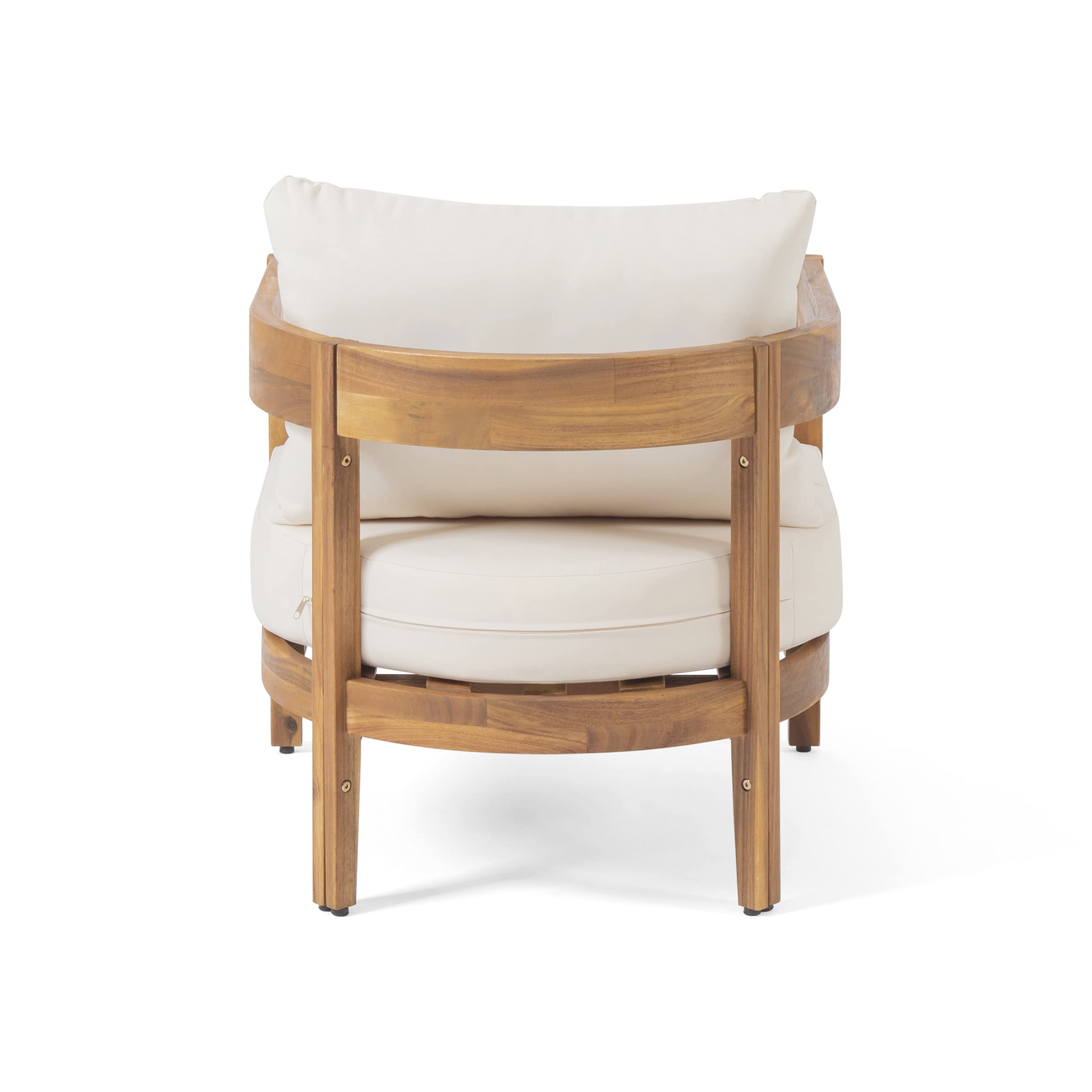 Christopher Knight Home Nadine Outdoor Accent Chair, Acacia Wood Club Chair, Tub Shape Design Armchair, Comfort Cushions Seating, Slat Open Back Reading Sofa for Balcony Backyard Garden, Teak+Beige