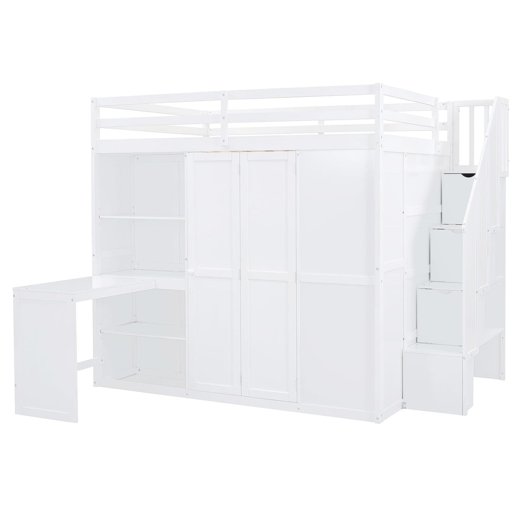 Merax Full Size Loft Bed, Wood Bedframe with Wardrobe, Storage Stairs, Desk and Shelves for Kids Teens Adults Bedroom, White