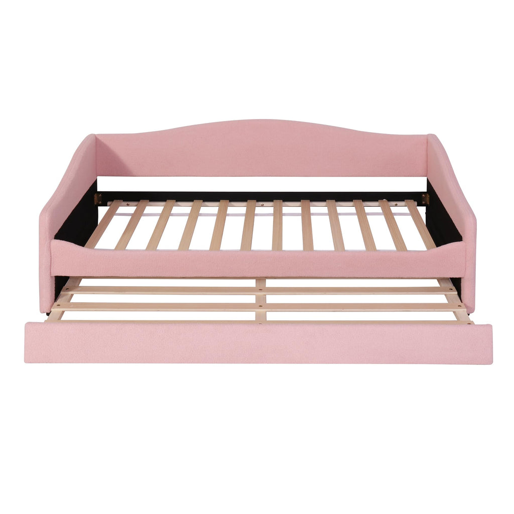 Twin Size Upholstered Daybed with Trundle,Teddy Fleece Twin Daybed Frame,Twin Day Bed with LED Light,Tufted Sofa Bed Daybed for Bedroom,Living Room,Guest,Pink