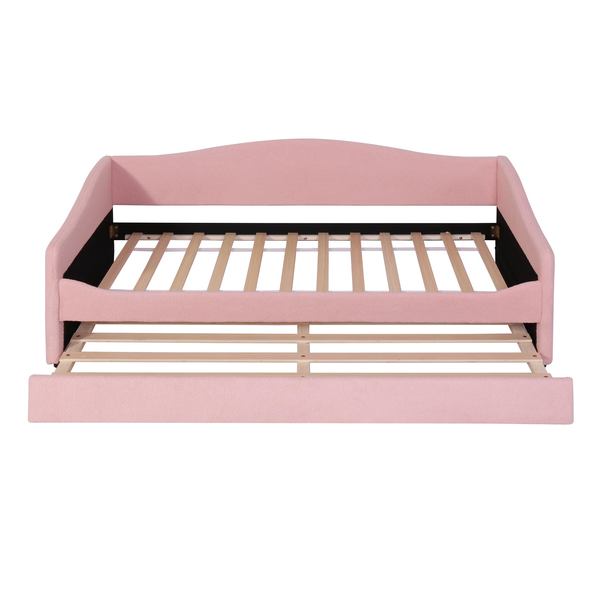 Twin Size Upholstered Daybed with Trundle,Teddy Fleece Twin Daybed Frame,Twin Day Bed with LED Light,Tufted Sofa Bed Daybed for Bedroom,Living Room,Guest,Pink
