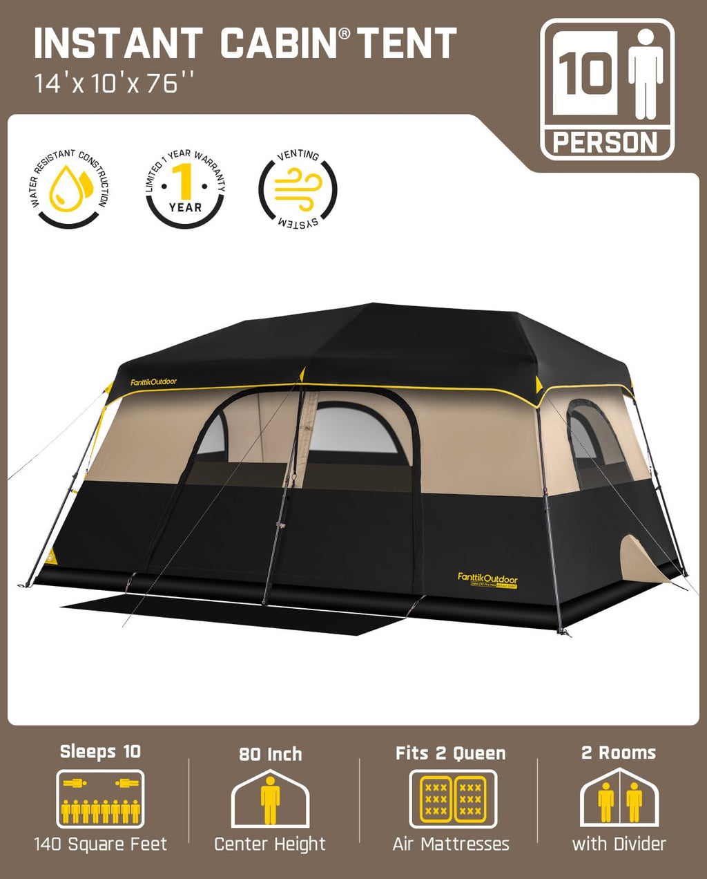 FanttikOutdoor Zeta C10 Pro Max Instant Cabin Tent 10 Person Camping Tent Setup in 60 Seconds with Rainfly & Windproof Portable with Carry Bag for Family Camping & Hiking, Upgraded Ventilation, Khaki