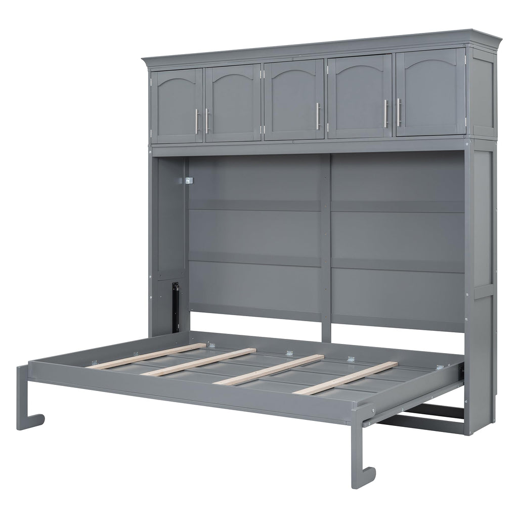 Merax Modern Farmhouse Solid Wood Murphy Cabinet Bed with Top Cabinets, Tall Wall Platform Bed No Box Spring Needed/Easy Assemble Queen,Gray