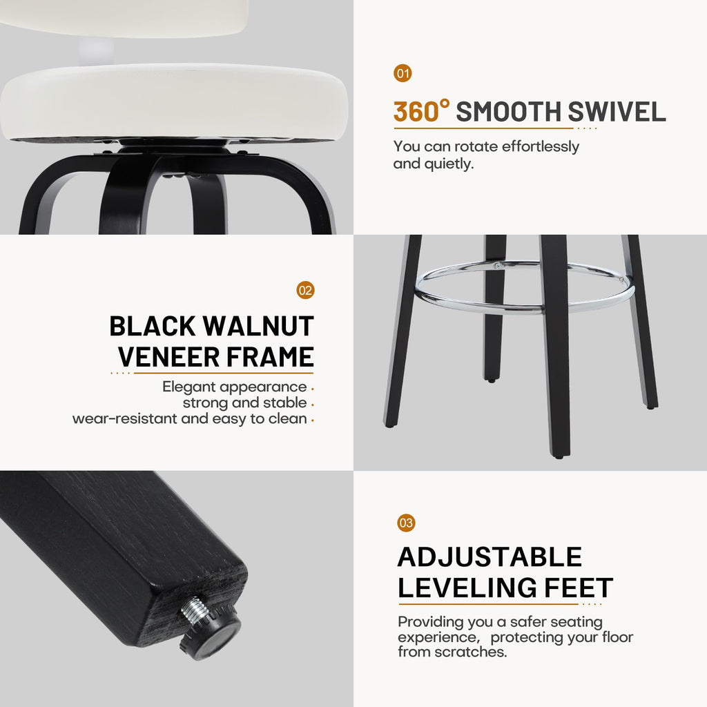 WOOW DEPOT Swivel Counter Height Bar Stools Set of 3, 29" Upholstered Faux Leather Barstools with Back, Mid Century Modern Counter Stools with Black Walnut Wood Legs for Kitchen Island, White