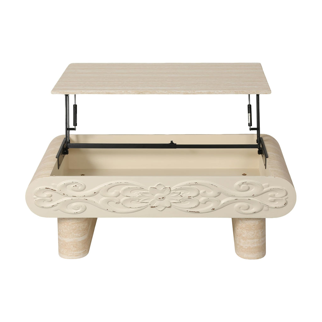 GDFStudio 39.4" Rectangle Lift Top Coffee Table with Hidden Storage, Modern Extendable Center Table with Shelf & Curved Legs, Wooden Coffee Table for Living Room Small Space, Beige+Yellow